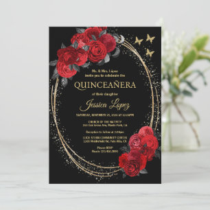 Convites Quinceanera Black Rosas vermelhas Flores Douradas 