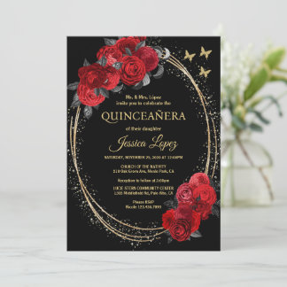 Convites Quinceanera Black Rosas vermelhas Flores Douradas