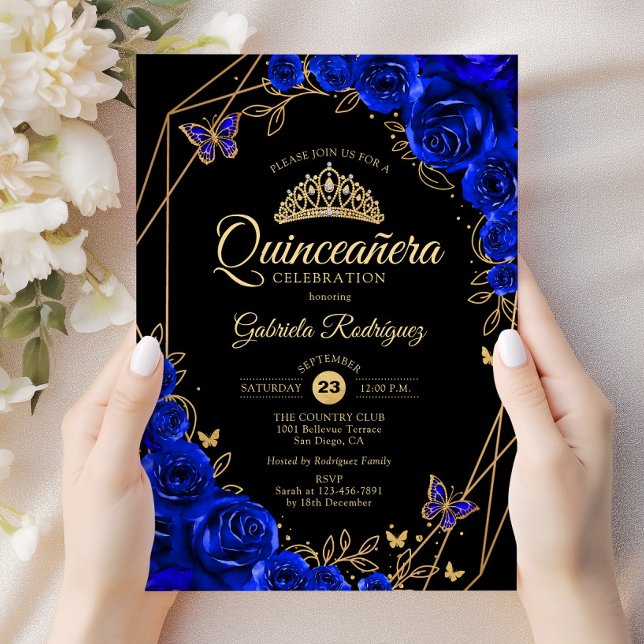 Convites Quinceanera Black Royal Blue Floral (Criador carregado)