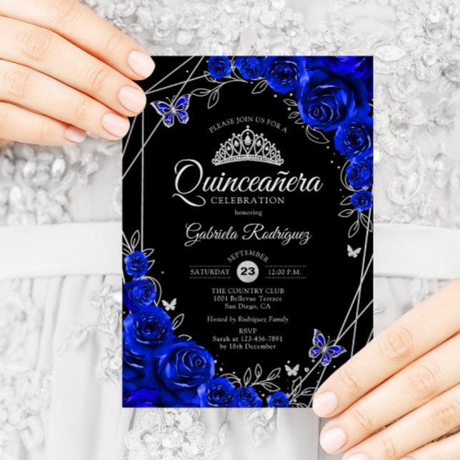Convites Quinceanera Black Royal Blue Silver Floral (Criador carregado)