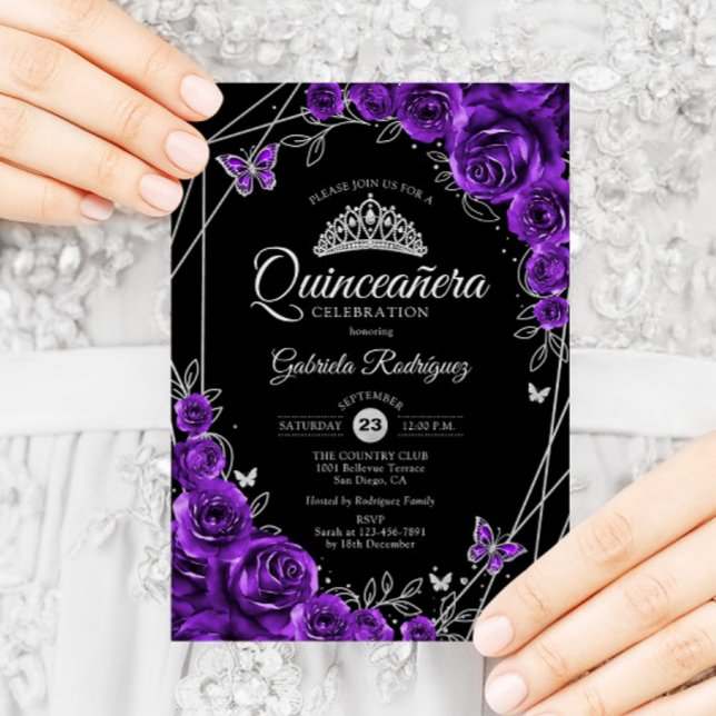 Convites Quinceanera Black Silver Puro Floral (Criador carregado)