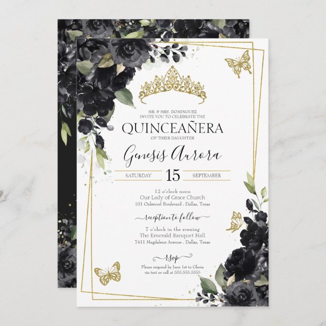 Convites Quinceañera Black Watercolor Floral Dourada (Frente/Verso)