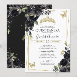 Convites Quinceañera Black Watercolor Floral Dourada