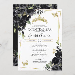 Convites Quinceañera Black Watercolor Floral Dourada