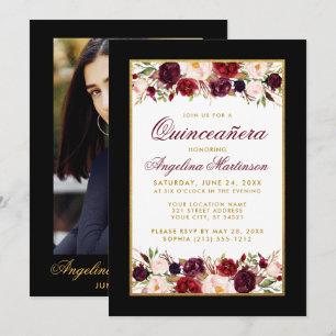 Convites Quinceanera Black White Dourada Foto Floral Borgon