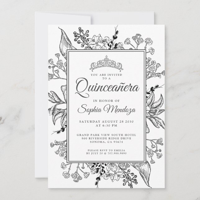 Convites Quinceanera Black White Floral (Frente)