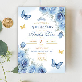 Convites Quinceañera Blue Borboleta Dourada Floral Tiara
