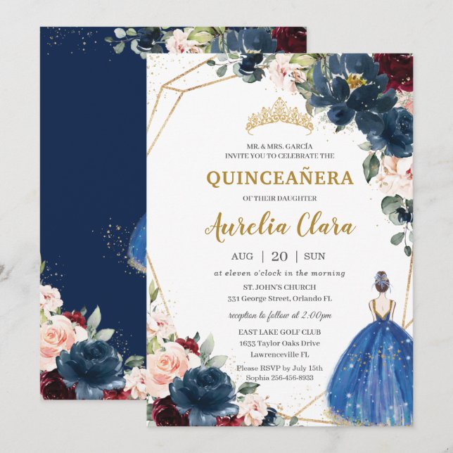 Convites Quinceañera Blue Burgundy Blush Floral Princesa I (Frente/Verso)