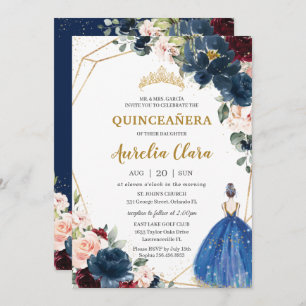 Convites Quinceañera Blue Burgundy Blush Floral Princesa I
