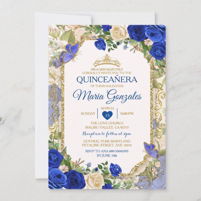 Convites Quinceañera Blue & Dourada Coroa Mexicana (Frente)