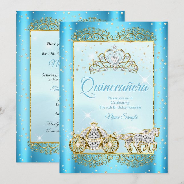 Convites Quinceanera Blue Dourado conto Cinderela (Frente/Verso)
