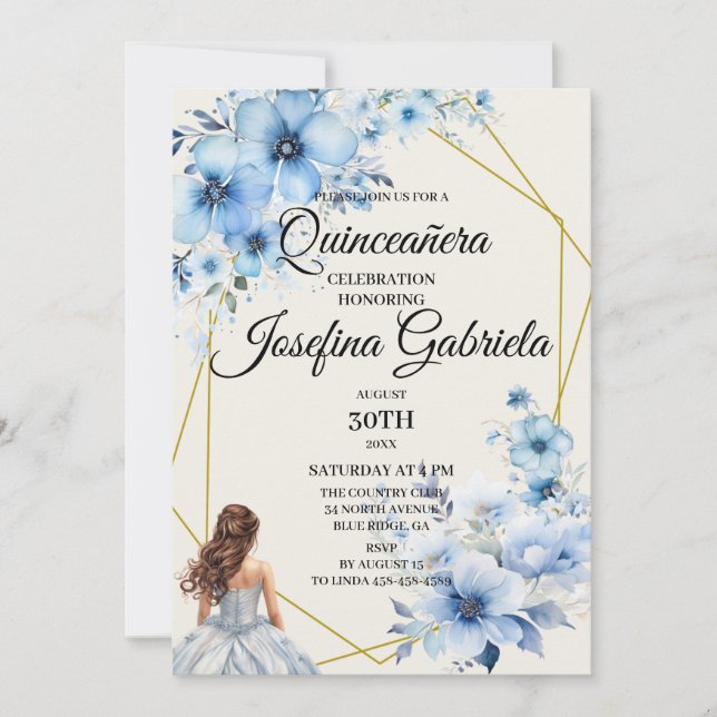 Convites Quinceañera blue floral Invitation (Frente)