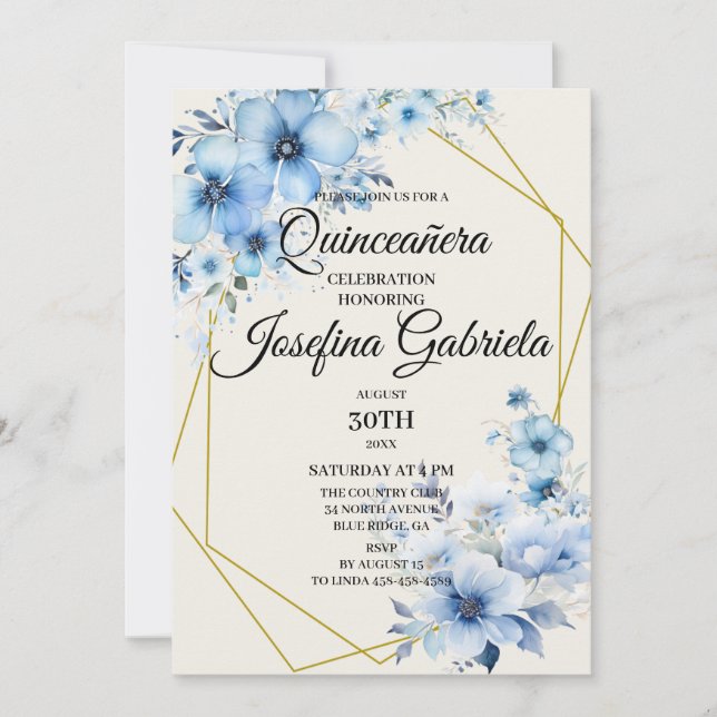 Convites Quinceañera blue floral Invitation (Frente)