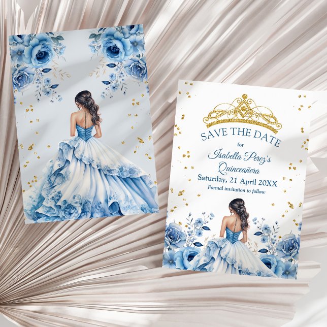 Convites Quinceanera Blue Floral Princess Salve a Data (Quinceanera Blue Floral Princess Save the Date Invitation on a sunny neutral dry palm leaf.)