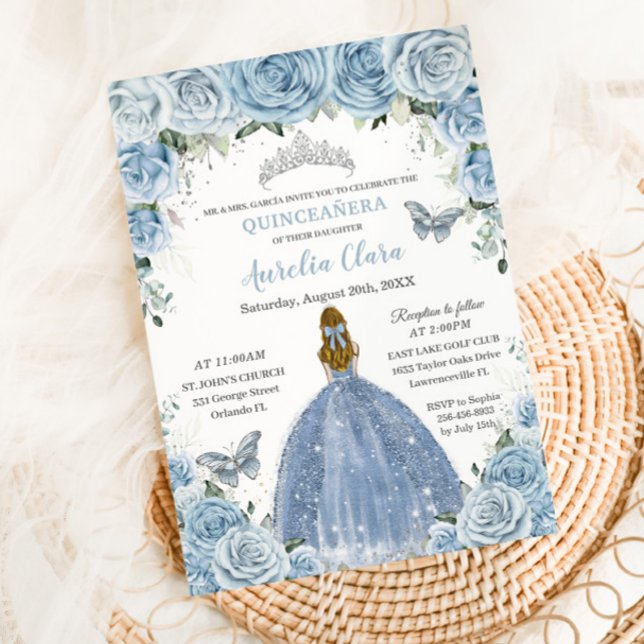 Convites Quinceanera Blue Floral Silver Butterflies Blona (Criador carregado)