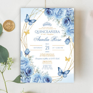 Convites Quinceañera Blue Frame Dourado Frame Butterfly Cor