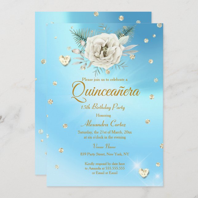Convites Quinceanera Blue Glitter Rosa Floral (Frente/Verso)