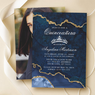 Convites Quinceanera Blue Marble Agate Geode Foto