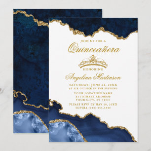 Convites Quinceanera Blue Marble Crown Invent