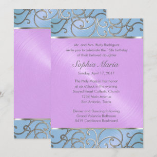 Convites Quinceanera Blue Purple Silver Swirs