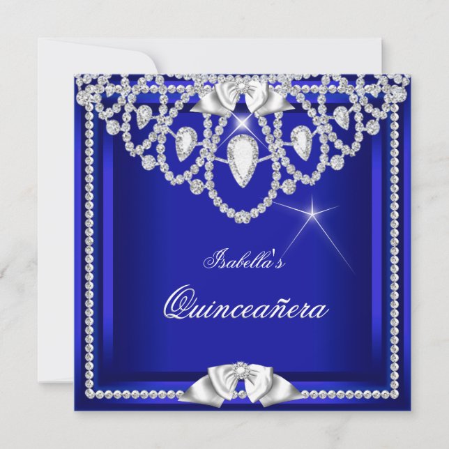 Convites Quinceanera Blue Silver Diamond Party 15 (Frente)