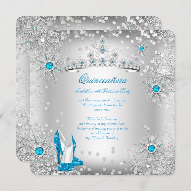 Convites Quinceanera Blue Silver Winter Wonderland (Frente/Verso)