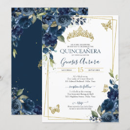 Convites Quinceañera Blue Watercolor Borboleta Dourada Flor
