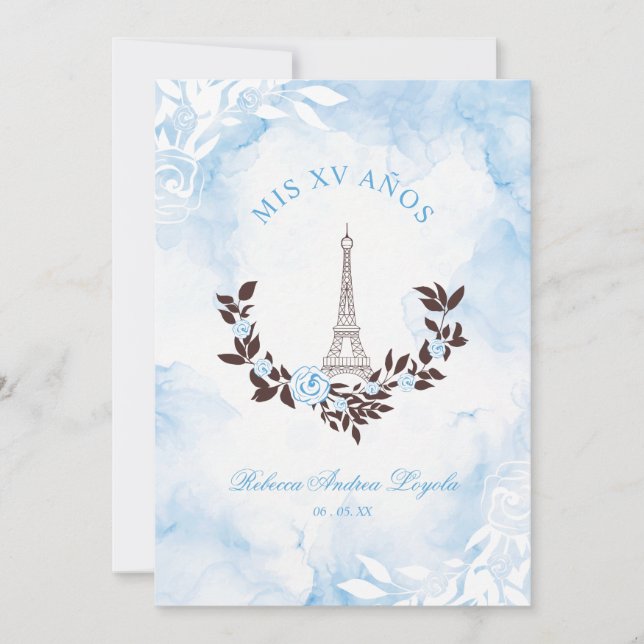 Convites Quinceañera Blue Watercolor Chic Paris Eiffel (Frente)