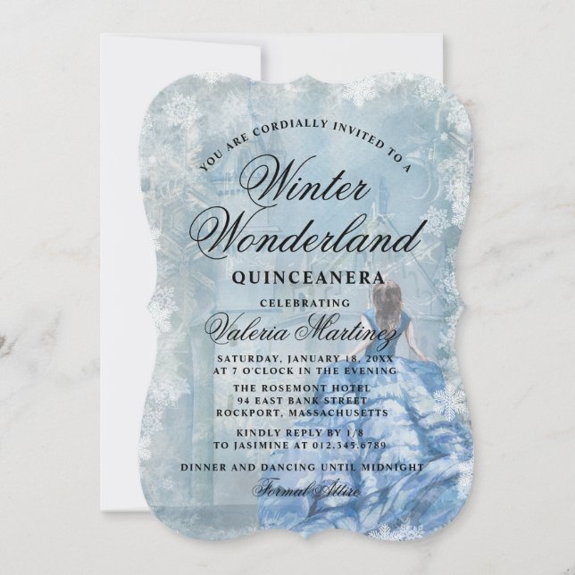 Convites Quinceanera Blue Winter Wonderland Princess Invita (Frente)