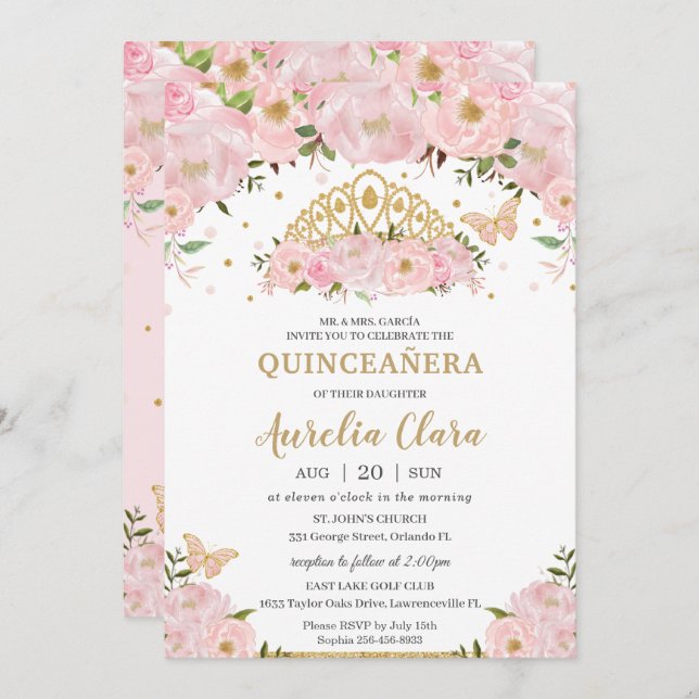 Convites Quinceañera Blush Borboletas Florais Rosa Tiara (Frente/Verso)