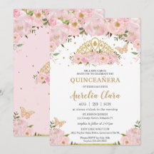 Quinceañera Blush Borboletas Florais Rosa Tiara