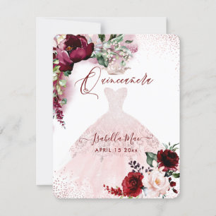 Convites Quinceanera Blush Burgundy Flores Aquarela Invi