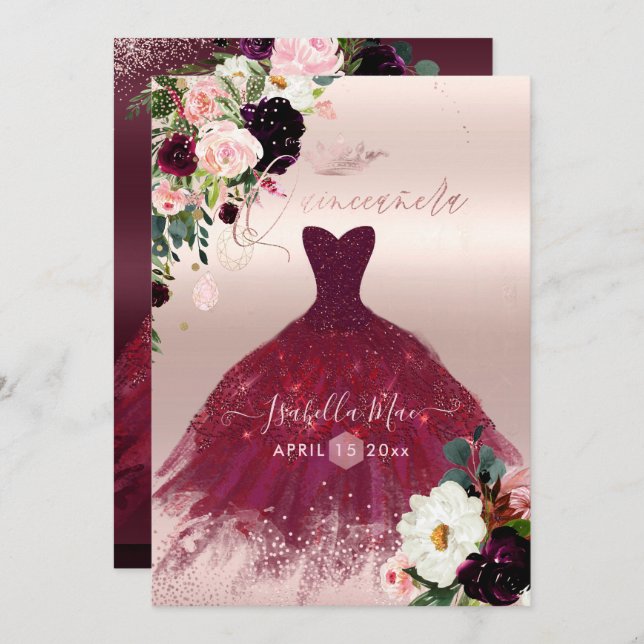 Convites Quinceanera Blush Burgundy Flores de Aquarela (Frente/Verso)