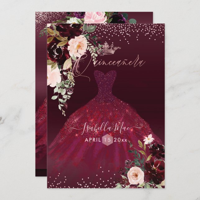 Convites Quinceanera Blush Burgundy Flores de Aquarela (Frente/Verso)
