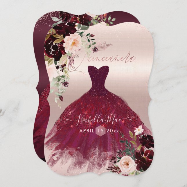 Convites Quinceanera Blush Burgundy Flores de Aquarela (Frente/Verso)