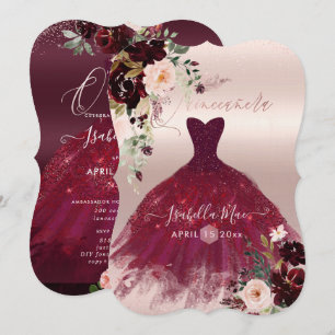 Convites Quinceanera Blush Burgundy Flores de Aquarela