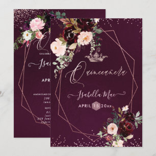 Convites Quinceanera Blush Burgundy Flores de Aquarela