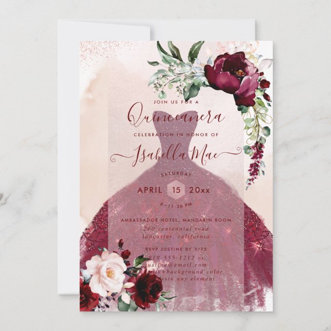 Convites Quinceanera Blush Burgundy Flores de Aquarela (Verso)