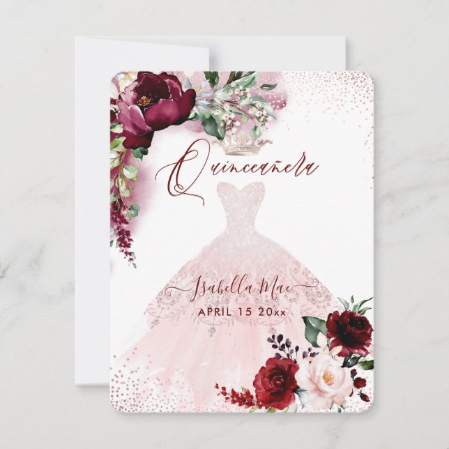 Convites Quinceanera Blush Burgundy Flores De Aquarela Invi (Frente)