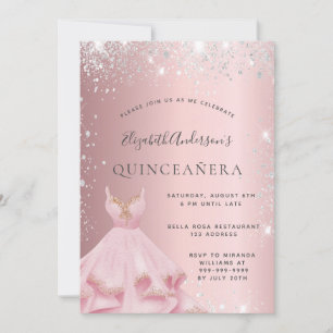 Convites Quinceanera blush cor-de-rosa-prateado vestido de