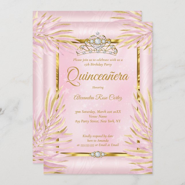 Convites Quinceanera Blush Cor-de-Rosa Tiara Festa de anive (Frente/Verso)