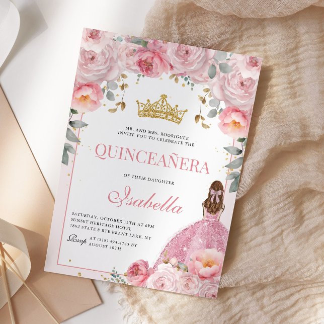 Convites Quinceanera Blush Dourada Princesa Rosa (Criador carregado)