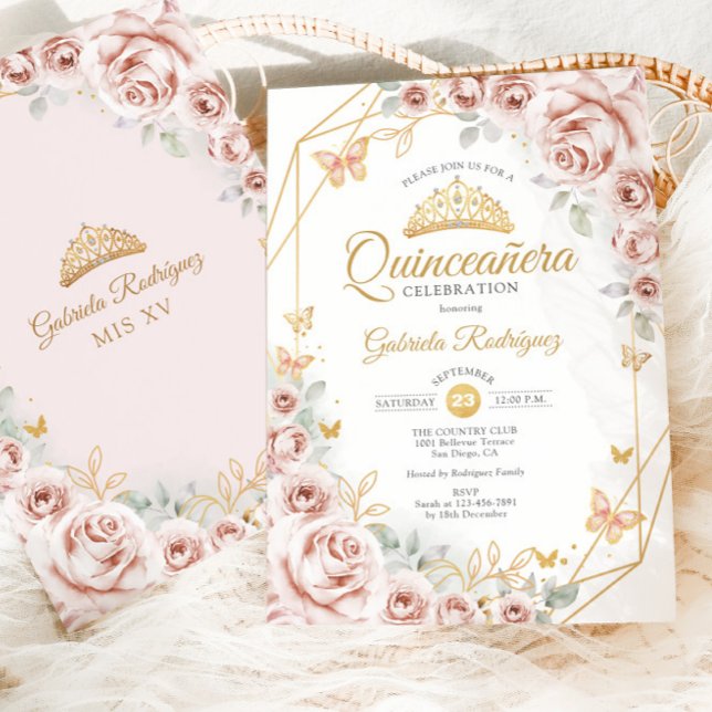 Convites Quinceanera Blush Dourado Rosa (Criador carregado)