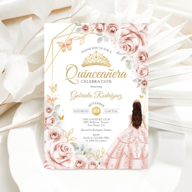Convites Quinceanera Blush Dourado Vestido Floral Rosa (Criador carregado)
