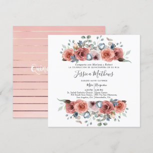 Convites Quinceanera, Blush e Azul Dusty Floral, Espanha