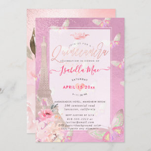 Convites Quinceanera Blush Eiffel Tower, Borboletas