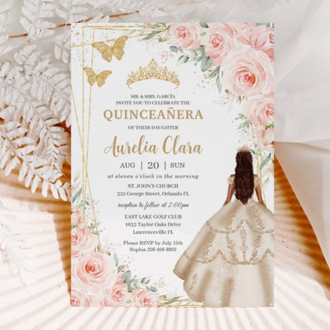 Convites Quinceanera Blush Floral Champagne Palhaço (Criador carregado)