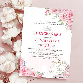 Convites Quinceanera Blush Floral Cor-de-Prata Rosa