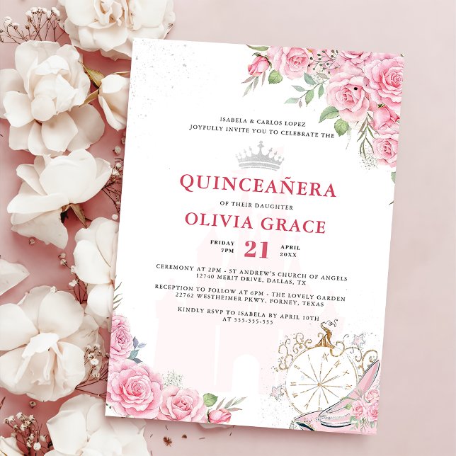 Convites Quinceanera Blush Floral Cor-de-Prata Rosa (Criador carregado)