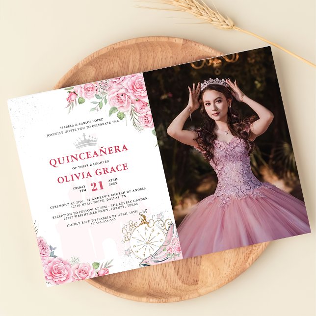 Convites Quinceanera Blush Floral Cor-de-Prata Rosa Rosa Fo (Criador carregado)